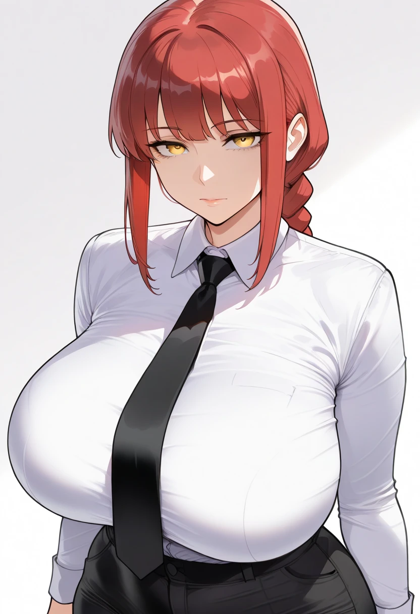 masterpiece, Highest quality, One girl, old age_superior, alone, View your viewers, hand, Redhead, Braided Ponytail, Yellow Eyes, The eyes are round, White shirt, tie, ((White Background:1.5, Simple Background:1.4)), Huge breasts