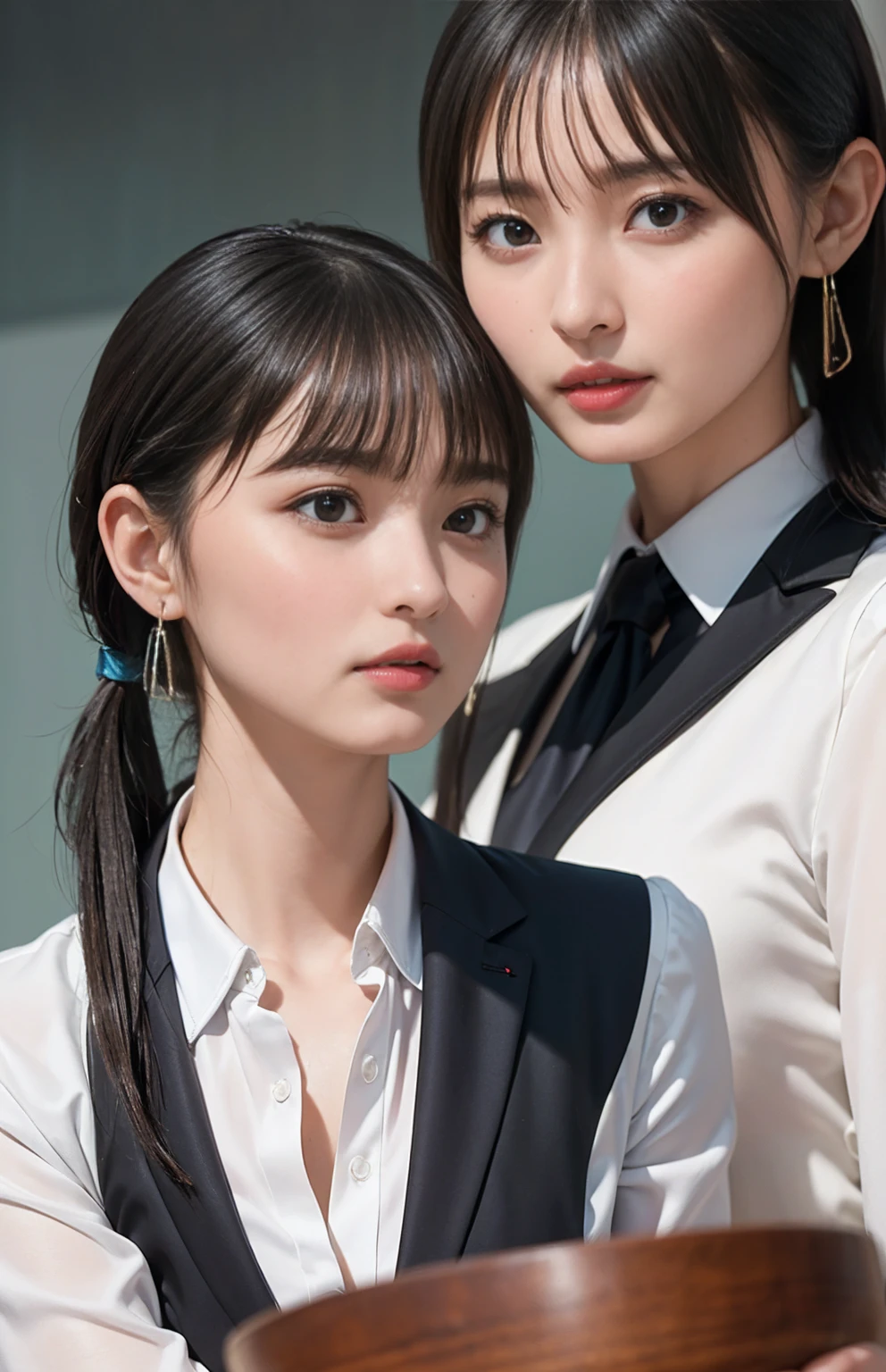 absurdres, RAW photo, extremely delicate and beautiful, masterpiece, Best Quality, ultra high resolution, 32k, hyperrealistic, ultra-detailed, perfect figure, Perfect Style, Perfect balance, in her 20s, very small head, very small face, delicate facial features, tearful mole, earring, very huge breasts, (full body shot:1.4), medium hair, black hair, (school_uniform:1.2),