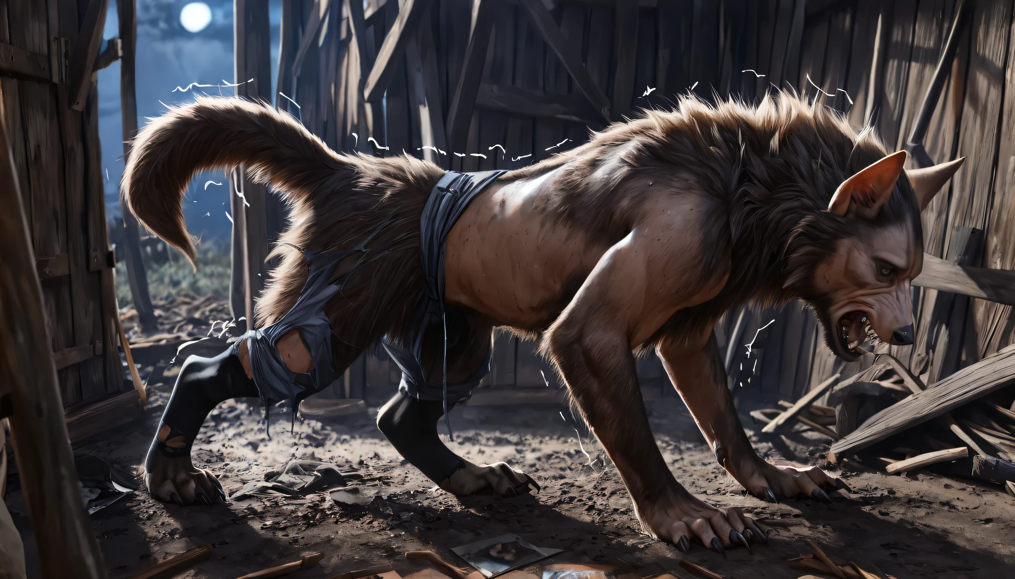 Backside, shot from back, black skin:1.4, human:0.8, Werewolf transformation, mid morfing, [werewolf: human:0.7], [arms: paws:0.6], [grey human skin: fur: 0.4], sharp long ears, detailed fur, gradual fur, spread, shaking:1.1, crying, sweating, in pain:0.8, scared:0.8, shaking, confused:0.8, torn clothes:1.1, thick fingers through, torn socks, deep night, ((darkness, dramatic moonlight, night)), abandoned cabin, scraps around, clothes scraps,((Ultra-detailed, Realistic, Photorealistic, photo-realistic:1.37), 4k, 8k, RAW, HDR, UHD, Canon EOS P3, Canon EOS R3, 85mm f/1.4, 15mm, 35mm, 80mm, f2.8, high resolution, hd, full colour, 4k, high definition, 3 point lighting, sharp focus, smooth, Professional, cinematic, extreme detail, (high detail:1.4) description, masterpiece, deep shades:1.2, best quality,))