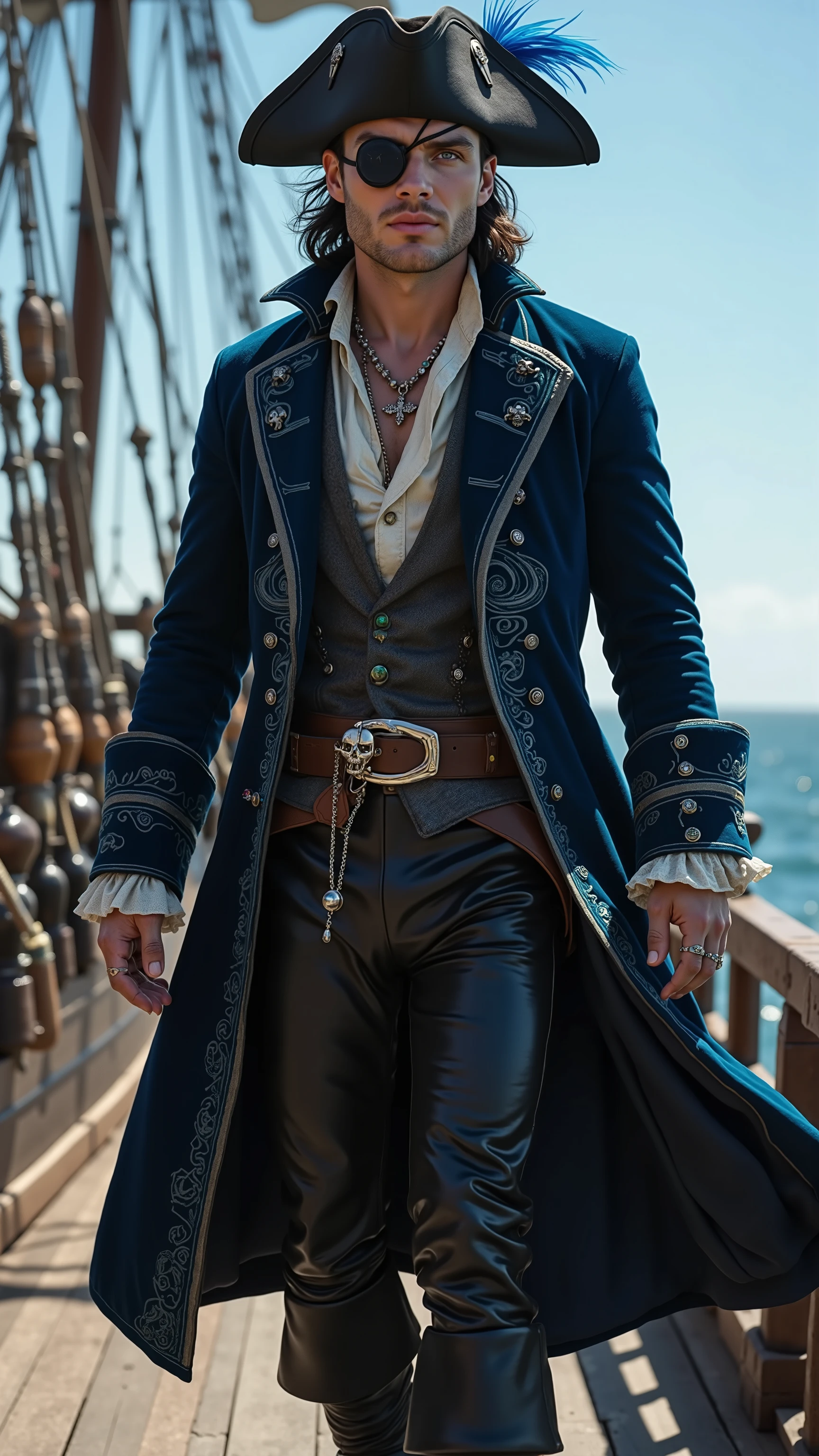Cillian Murphy reimagined as a pirate walking and holding a wooden spyglass、dramatic atmosphere, 1 male、
Medium-length, slicked-back dark brown hair, piercing ice-blue eyeи. A black silk eye patch covers his left eye, secured with a thin leather strap. A wide-brimmed black tricorn hat, adorned with silver embroidery and a deep blue feather, rests atop his head.
He wears an ultra-luxurious pirate captain’s coat of deep midnight-blue velvet, lined with silver silk and embroidered with elaborate swirling patterns. The high collar and wide cuffs are adorned with polished silver buttons and delicate filigree. Beneath the coat, he wears a dark brocade vest over a crisp white linen shirt with lace-trimmed cuffs. A wide black leather belt with a silver skull-shaped buckle secures the coat at his waist, with a second belt crossing his chest, holding a flintlock pistol. His fitted black leather trousers, detailed with silver stitching, are tucked into knee-high boots made of dark, polished leather. The boots feature thick folded cuffs, silver buckles, and intricate engravings along the edges.
In his hand, he holds a wooden spyglass. His fingers are adorned with rings featuring sapphires, emeralds, and black diamonds. A fine silver chain with a rare black pearl hangs from his neck.
,shows his male character's full figure, athletic body, perfect face, full body, extremely beautiful, god, male shape, perfect anatomy, The background features a vast open sea, with a massive pirate ship cutting through the waves. The black sails, emblazoned with a silver skull emblem, billow in the wind. The wooden deck is littered with barrels, crates of plundered treasure, and coiled ropes. Blue sky, sunny day, photorealistic, masterpiece, realistic, high contrast, 8k, HD, high definition detailed, detailed, hyper detailed, realistic skin texture, best quality, ultra high resolution, hyper realistic, no text, very detailed eyes, dramatic lighting