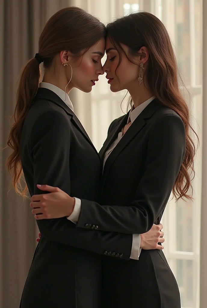 Best quality, masterpiece, ultra high res, (photorealistic:1.4), raw photo, 2girls, (((2 girls kissing passionately))), horny, ginger hair, blue eyes, makeup, detailed eyes and face, grey suit, (three-piece suit), skirt suit, necktie, bodycon miniskirt, pantyhose, waistcoat, dynamic lighting, tight clothing, in the dark, deep shadow, low key, cowboy shot, full-lenght body, pinup pose, sultry