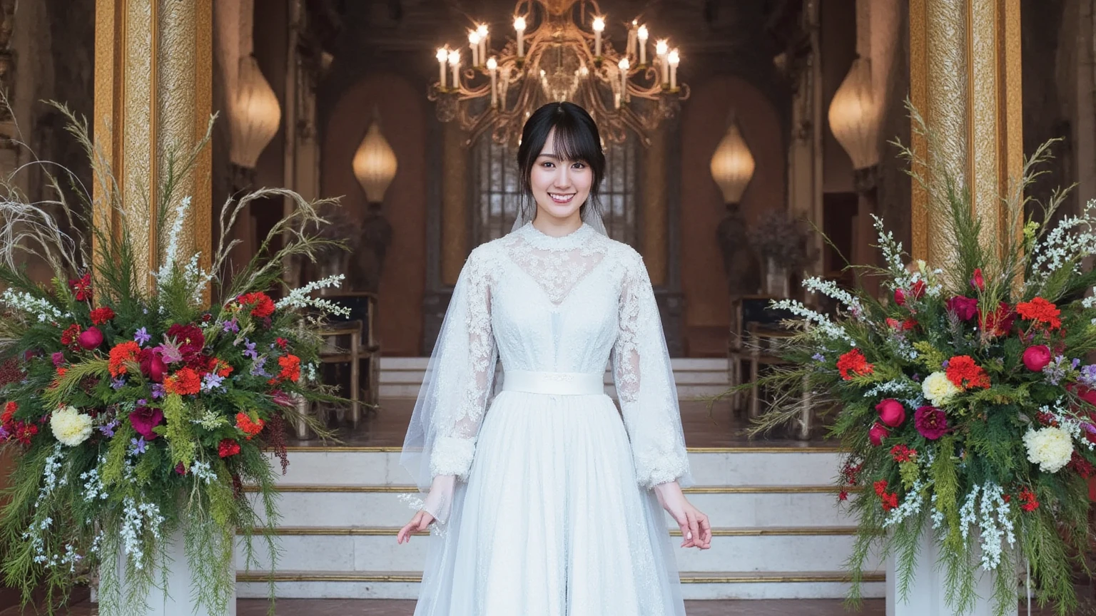 ((Masterpiece)), ((Best Quality)), A middle-aged short-hair woman, ((She is wearing an ornamental satin wedding dress)), She is wearing gloves on her hands., outdoor,