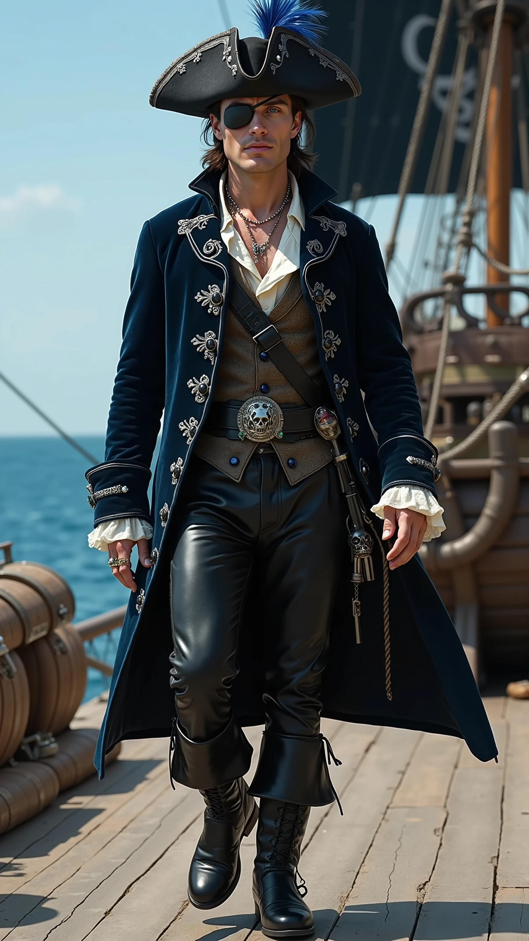 Cillian Murphy reimagined as a pirate walking、dramatic atmosphere, 1 male、
Medium-length, slicked-back dark brown hair, piercing ice-blue eyeи. A black silk eye patch covers his left eye, secured with a thin leather strap. A wide-brimmed black tricorn hat, adorned with silver embroidery and a deep blue feather, rests atop his head.
He wears an ultra-luxurious pirate captain’s coat of deep midnight-blue velvet, lined with silver silk and embroidered with elaborate swirling patterns. The high collar and wide cuffs are adorned with polished silver buttons and delicate filigree. Beneath the coat, he wears a dark brocade vest over a crisp white linen shirt with lace-trimmed cuffs. A wide black leather belt with a silver skull-shaped buckle secures the coat at his waist, with a second belt crossing his chest, holding a flintlock pistol. His fitted black leather trousers, detailed with silver stitching, are tucked into knee-high boots made of dark, polished leather. The boots feature thick folded cuffs, silver buckles, and intricate engravings along the edges.
His left hand has been replaced with a polished steel hook, its curved edge gleaming under the sunlight. His fingers are adorned with rings featuring sapphires, emeralds, and black diamonds. A fine silver chain with a rare black pearl hangs from his neck.
,shows his male character's full figure, athletic body, perfect face, full body, extremely beautiful, god, male shape, perfect anatomy, The background features a vast open sea, with a massive pirate ship cutting through the waves. The black sails, emblazoned with a silver skull emblem, billow in the wind. The wooden deck is littered with barrels, crates of plundered treasure, and coiled ropes. Blue sky, sunny day, photorealistic, masterpiece, realistic, high contrast, 8k, HD, high definition detailed, detailed, hyper detailed, realistic skin texture, best quality, ultra high resolution, hyper realistic, no text, very detailed eyes, dramatic lighting