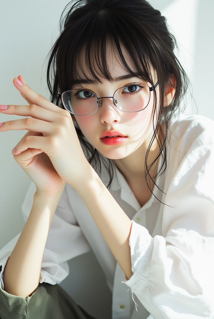((top quality)), ((傑top quality、masterpiece、High sensitivity、high resolution、detailed description、depicting a delicate face)),(Slender Woman、wearing glasses、)culotte pants、 ribbon tie around the neck、Make an X with your fingers、
