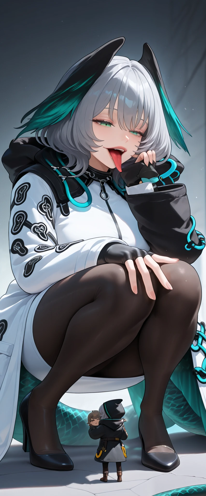 (Hoolheyak, fullbody, stand on my knees, Put your butt on the ground, grey hair, short hair, head wings, snake tail, white dress, bodycon dress, short dress, white coat, black sleeves, white sleeves, two-tone coat, wide sleeves, belt, black collar, jewelry, fur-trimmed coat, open coat, black pantyhose, fingerless gloves, Giantess, Big Mouth, and I'm opening my mouth, is sticking out his tongue, shows off her tongue, licking , Licking the ground, ), (Little person with a black hood and a black coat all over:1.4), big woman and little person, Little person whose whole body is black, (little man in a black coat:1.4), One little person