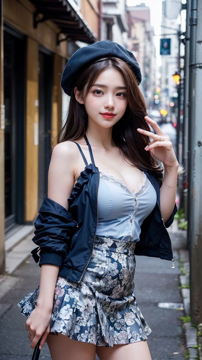 a 16 year old girl, she is the most beautiful actress in the world, the perfect body proportions of this girl, the blazer is formally buttoned up on the shirt above short skirt, the skin of her large breasts are covered 100% by worn things, the panties between her bare legs are seen just 1cm because the short skirt is too short to cover her crotch, it's only one description of one body, it's from right above her head to right above her feet are just within frame, all her body is looking forward to viewer, she is standing at the city street, nsfw, best quality, highly detailed, masterpiece, ultra high res, photo realistic, 8k, RAW photo