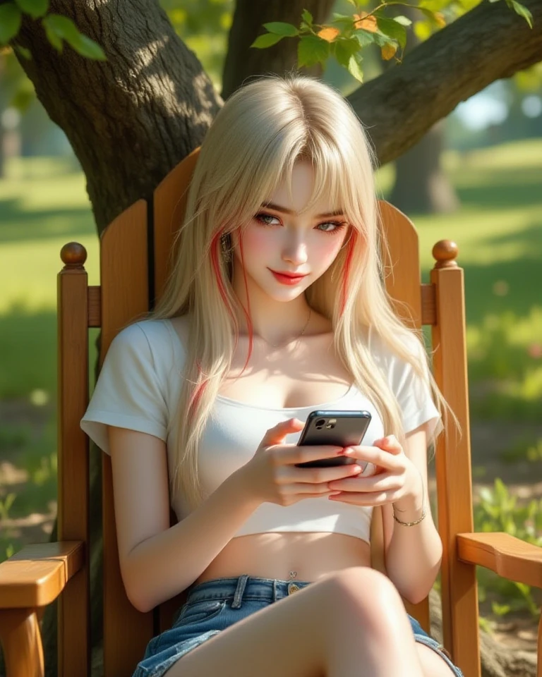 full body view, a beautiful girl with long flowing hair, detailed facial features, delicate skin, wearing a light pink dress, sitting on a bench in a lush garden, using her phone, sunlight filtering through the leaves creating a soft, dreamy atmosphere, warm color tones, (best quality,4k,8k,highres,masterpiece:1.2),ultra-detailed,(realistic,photorealistic,photo-realistic:1.37),detailed eyes,detailed lips,detailed face,longeyelashes,portrait,natural lighting,warm color palette,soft focus,natural environment