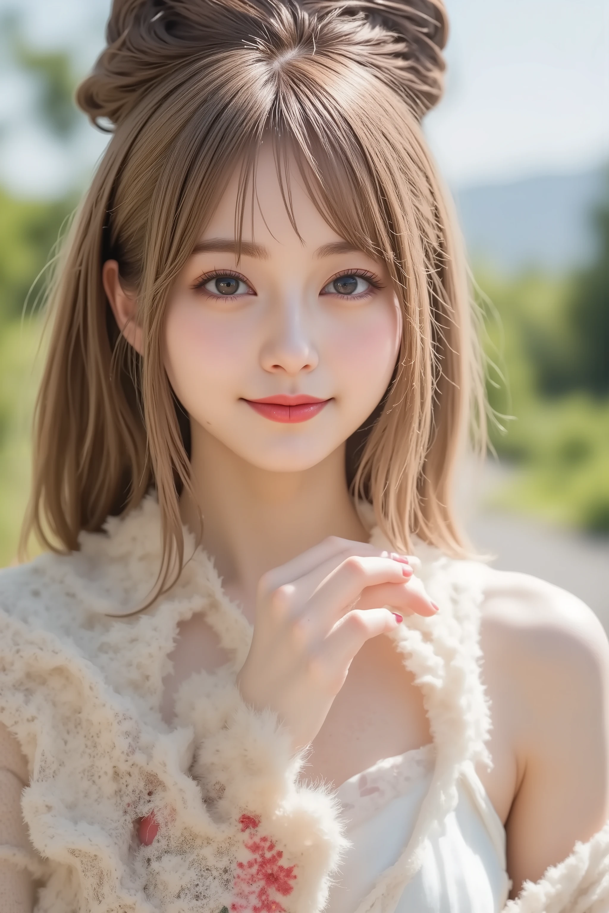 with the face positioned accurately in the center of the image, Upper chest, fine, clean skin, head is fully reflected with tight tension, face is clearly visible as a full body shot, masterpiece, top quality, nothing, very detailed 8K, sexy and beautiful Japanese age girl with a slim body, Super Detail, trend of swallowing sperm and pubic hair, super real, long blonde hair, pictures, blonde, Small Fly, camera, With a faint smile, Big with tight tension, beautiful, Anatomically Accurate Hand Structure, Anatomically Accurate Finger Structure, off shoulder dress, Shine, sweat, sunlight, sunlight from before, topless, showing her chest, sexy, blanking, Look up at the sky, Wide々 Royal Gardens, super real Wide大な風景, Scenery that looks great in pictures, Light on face