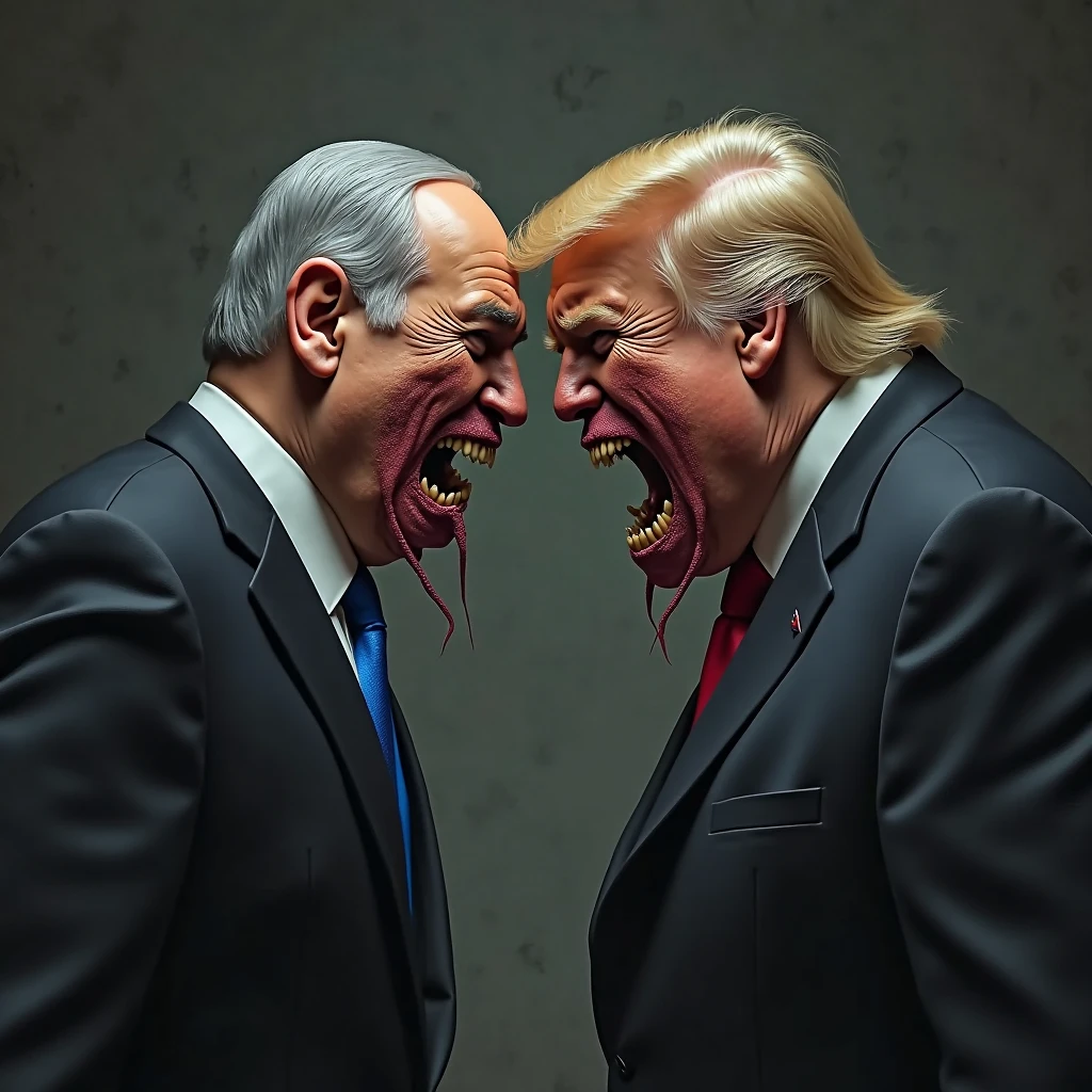 Netanyahu as a devil dragging Biden by the neck
