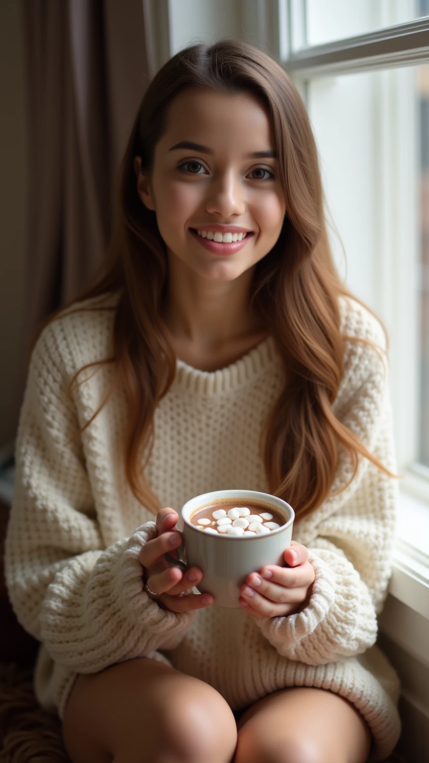 ((high resolution)), Athletic, ((pale skin)), (((very pale skin))), (white skin), rosy cheeks, pink lips, brunette, Millie Bobby Brown, long curly hair, fuzzy sweater, bare legs, bare bottom, smiling, holding coffee mug