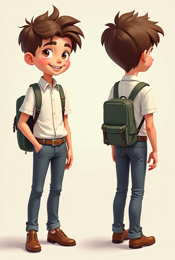 right view, (best quality, masterpiece, ultra-realistic), Masterpiece, best quality, cinematic lighting, beautiful concept art, surrealism, epic scene, 8K, Milo is a boy view from left to right, the boy 6 , full body, boy wearing blue dark shorts, white hoodie and brown school bag. blank background, black background, single background