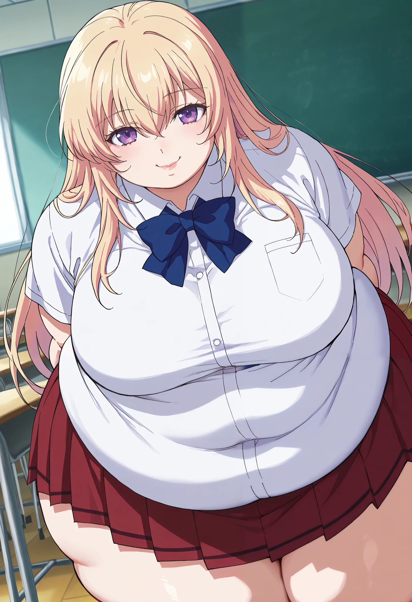 score_9, score_8_up, score_7_up, source_anime,
honamiichinose, honami ichinose, long hair, blonde hair, purple eyes, hair between eyes,
skirt, bow, school uniform, pleated skirt, bowtie, blue bow, red skirt, collared shirt, white shirt, short sleeves,
indoors, classroom, bent over, smile,
looking at viewer, dutch angle, cowboy shot, chubby, chubby girl, curvy, large breasts, lips, plump, thick thighs, thighs, (((oversized gigantic stomach)), curvy, large breasts, lips, plump, thick thighs, thigh, immobile