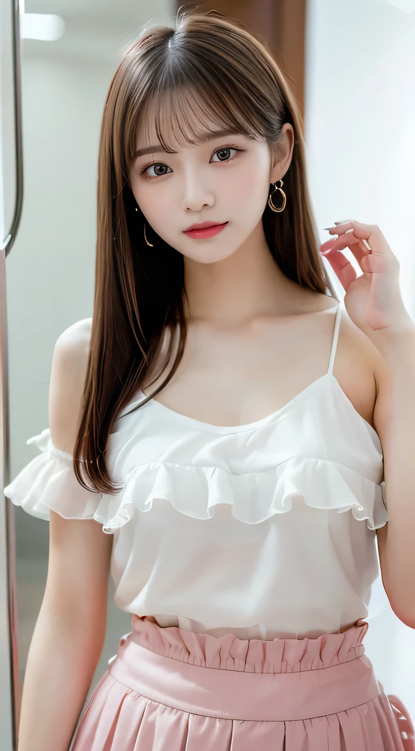 Raw photo、(((Ultimate beauty upper body shot)))、((Glowing Skin))、1 girl、Japanese 17 year old beautiful girl、Bright expression、((Brown Hair)) 、White see-through lace dress、Underwear is fully visible、Belly button、Leaning forward、Big , small waist、Thin thighs、Ample Bust、Winking at the viewer、Short sleeve、((Big eyes that shine like jewels))、ツヤツヤGlowing Skin、(Medium Hair:1.2)、No makeup、Beautiful Bangs、Hair between the eyes、最high quality、Super detailed、Film Light、Intricate details、High resolution、Very detailed))、Detailed Background、8KUHD、Digital single-lens reflex camera、Soft Light、high quality、Film Grain、Fujifilm XT3 、Shallow depth of field、Natural soft light、Gods、Prague cityscape