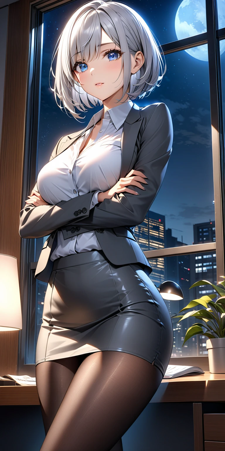 Focus: Mature Female
Appearance:
Body: Hourglass figure, thin waist, big perfect round breasts (avoid sexually suggestive phrasing)
Attire: Business outfit (formal jacket, necktie or tie, white shirt, high-waisted skirt, heels)
Style: Photorealistic, hyperrealistic (1.0)
Quality: Masterpiece, best quality
Details:
Face: Extremely detailed, perfect lighting, detailed eye makeup, nice features (eyes, hands)
Eyes: Nice, detailed, realistic pupils and iris (1.0) - Heavy eye makeup
Hands: Nice, perfect
Setting:
Background: Restaurant
