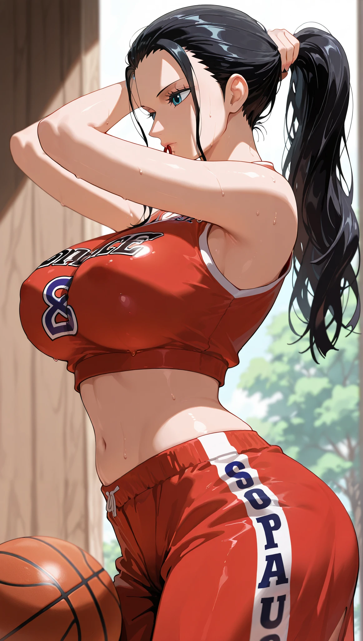 1lady solo, /(tight volleyball uniform/), /(dark brown hair/) bangs, blush light smile, (masterpiece best quality:1.2) delicate illustration ultra-detailed, BREAK /(volleyball court indoors/), (((looking back)))