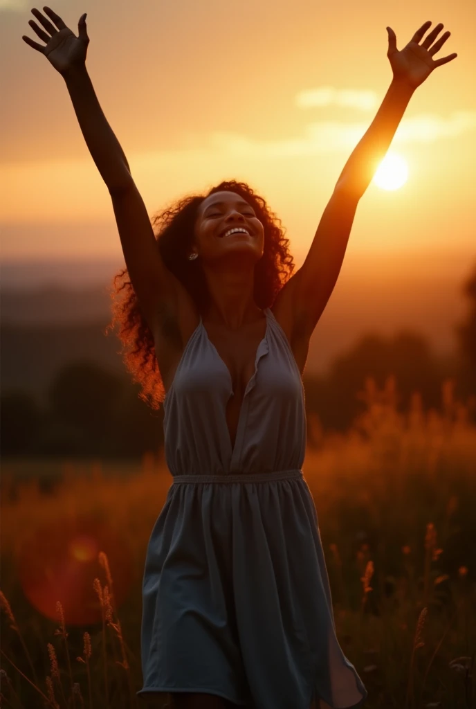 sunlight streaming through trees to evoke a sense of peace.
Main Image: A close-up of a Black woman with a joyful expression, eyes closed, possibly in a worship pose such as raising her hands in praise. She could be wearing casual, yet elegant clothing (perhaps a flowy dress) that conveys grace and connection to the theme of worship.
Color Scheme: Warm, inviting colors like golds, soft blues, and whites to reflect spirituality and warmth.
Overlay Elements: Subtle floral designs or light rays to add a gentle touch without overwhelming the main subject.