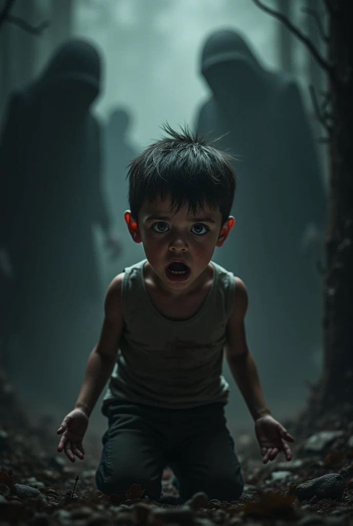 Black haired boy running in a dark room 