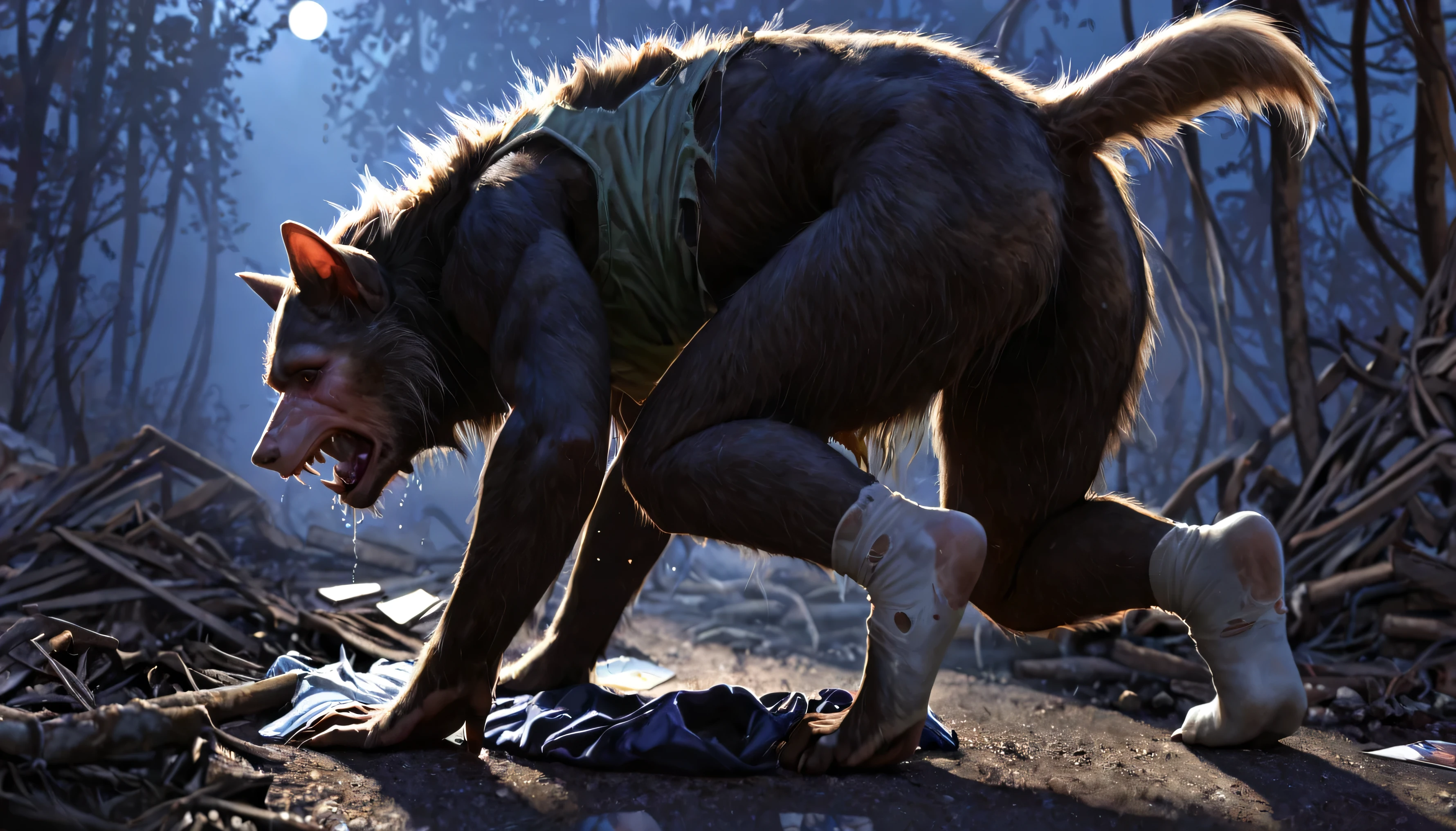 Backside, shot from back, black skin:1.4, human:0.8, Werewolf transformation, mid morfing, [werewolf: human:0.7], [arms: paws:0.6], [grey human skin: fur: 0.4], detailed fur, gradual fur, spread, shaking:1.1, crying, sweating, in pain:0.8, scared:0.8, shaking, confused:0.8, torn clothes:1.1, thick fingers through, torn socks, deep night, ((darkness, dramatic moonlight, night)), abandoned yard, forest:0.8, scraps around, clothes scraps,((Ultra-detailed, Realistic, Photorealistic, photo-realistic:1.37), 4k, 8k, RAW, HDR, UHD, Canon EOS P3, Canon EOS R3, 85mm f/1.4, 15mm, 35mm, 80mm, f2.8, high resolution, hd, full colour, 4k, high definition, 3 point lighting, sharp focus, smooth, Professional, cinematic, extreme detail, (high detail:1.4) description, masterpiece, deep shades:1.2, best quality,))