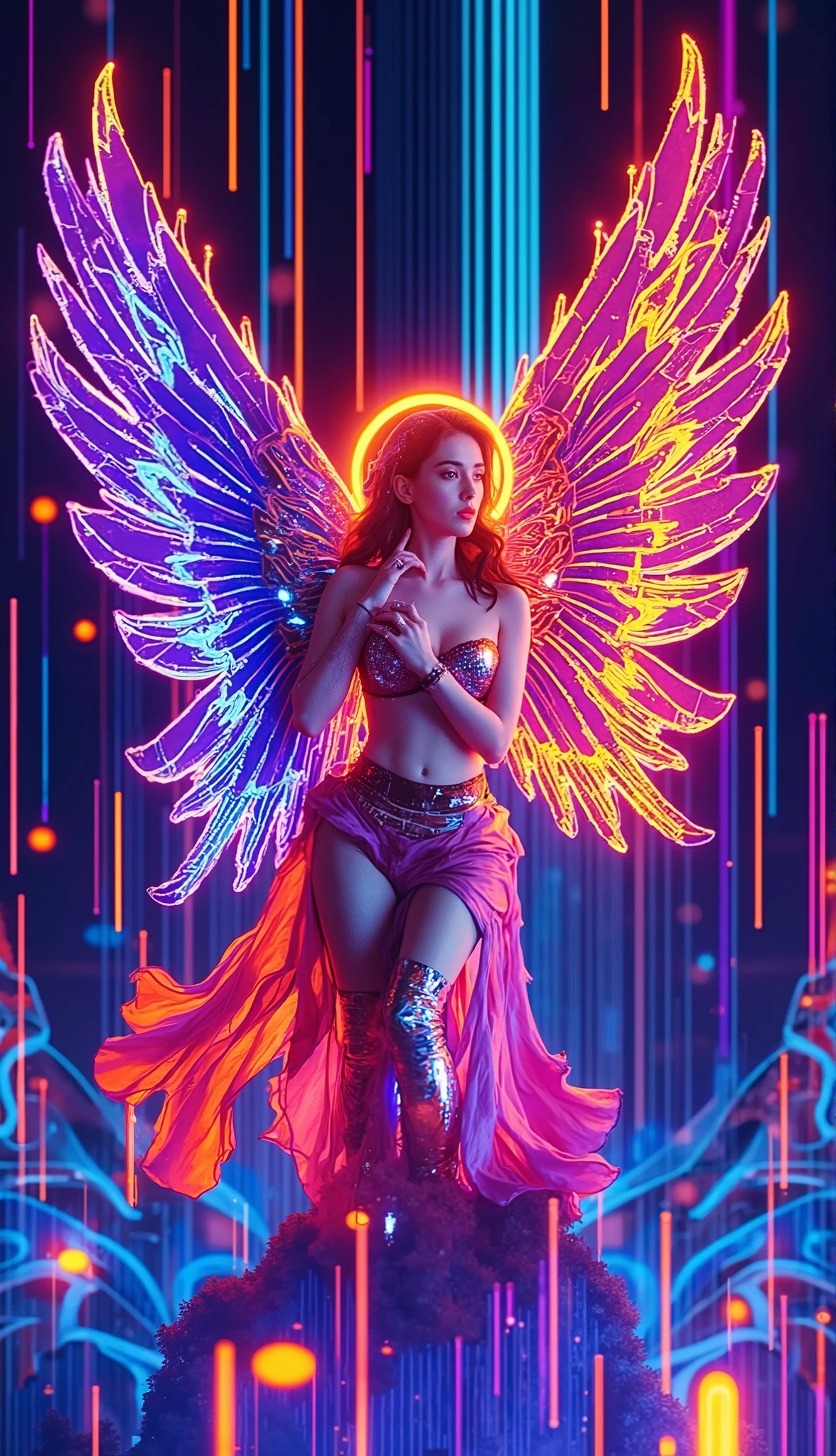 Synthetic angel immersed in a Glitchwave data html Cyberpunk Dreamscape, where reality fractures into pixelated fragments and vibrant neon glitches. Utilize a color palette of electric gold and indigo, reminiscent of 80s synthwave aesthetics --ar 2:3