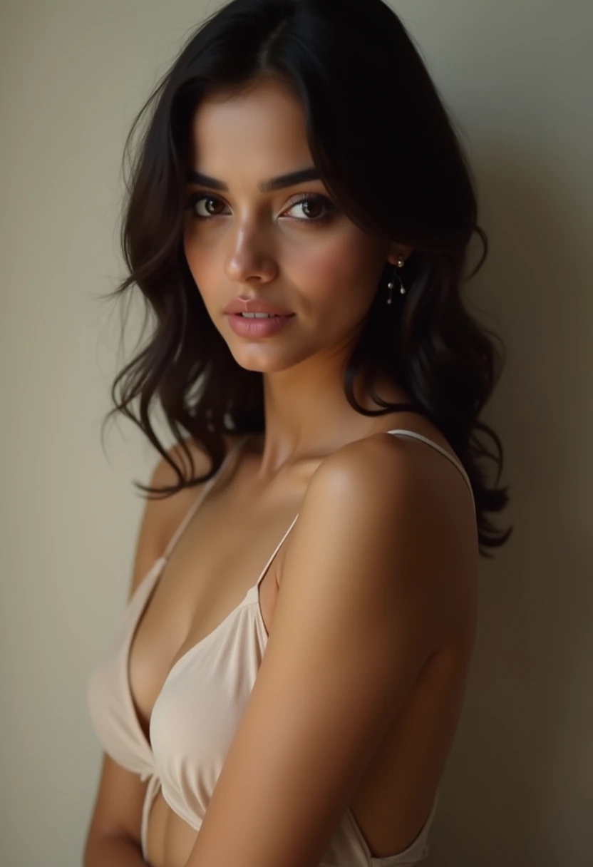 Indian girl taken selfie above her head only showing her chin and black sarre and boobs line