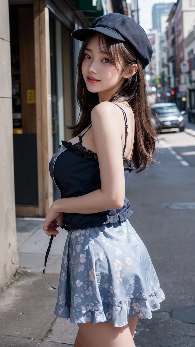 woman, 20-year-old, short black wavy hair、bangs、Cat ear、plump nipples、(White Bikini)、(blue long skirt), black stocking dium milk, cute smile、((Pose that emphasizes the buttocks、looked back))、sexy hips、black high heels、big necklace、((((the wind blew my skirt, expose my panties...))))、(Light blue lace panties)、cute earrings、(tilt your head a little)