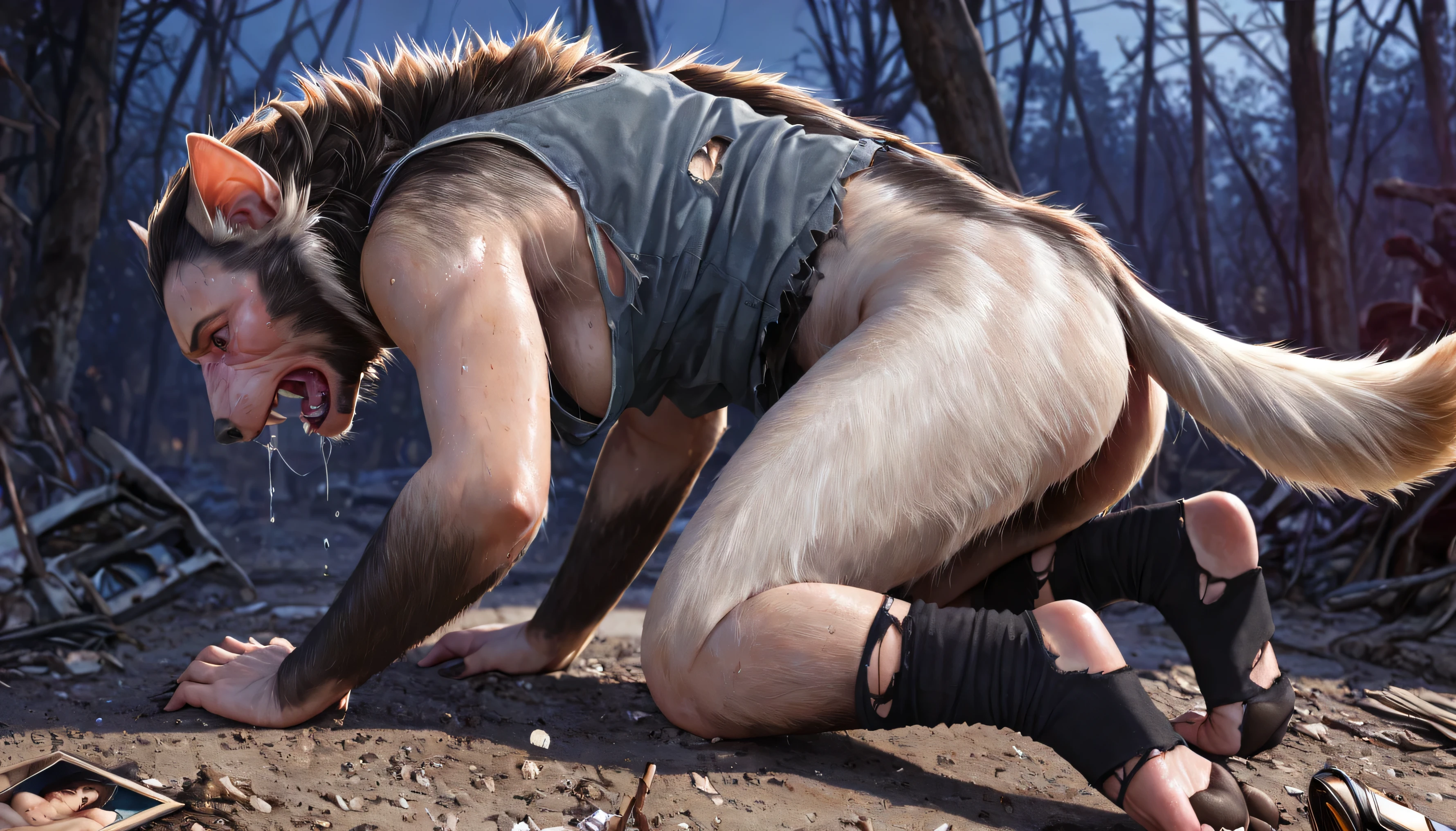 Backside, shot from back, black skin:1.4, human:1.2, Werewolf transformation, mid morfing, [werewolf: human:0.7], [arms: paws:0.1], [grey human skin: fur: 0.5], detailed fur, gradual fur, spread, shaking:1.1, crying, sweating, in pain:0.8, scared:0.8, confused:0.8, torn clothes:1.1, thick fingers through torn socks, deep night, ((darkness, dramatic moonlight, night)), abandoned yard, forest:0.8, scraps around, clothes scraps,((Ultra-detailed, Realistic, Photorealistic, photo-realistic:1.37), 4k, 8k, RAW, HDR, UHD, Canon EOS P3, Canon EOS R3, 85mm f/1.4, 15mm, 35mm, 80mm, f2.8, high resolution, hd, full colour, 4k, high definition, 3 point lighting, sharp focus, smooth, Professional, cinematic, extreme detail, (high detail:1.4) description, masterpiece, deep shades:1.2, best quality,))