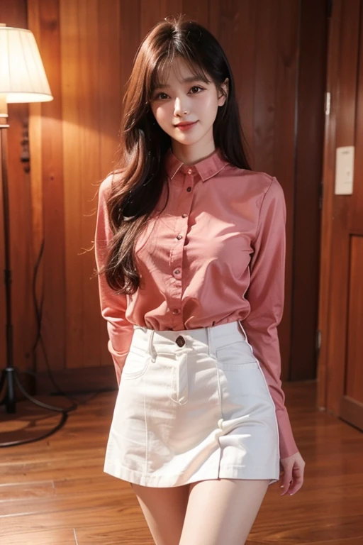 (Cute pink blouse),(Green Skirt),(Sitting on the bed),