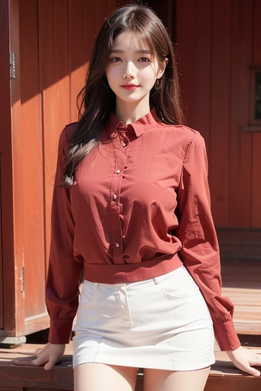 Realistic woman with impeccably realistic face with impeccably realistic skin in jeans and red blouse