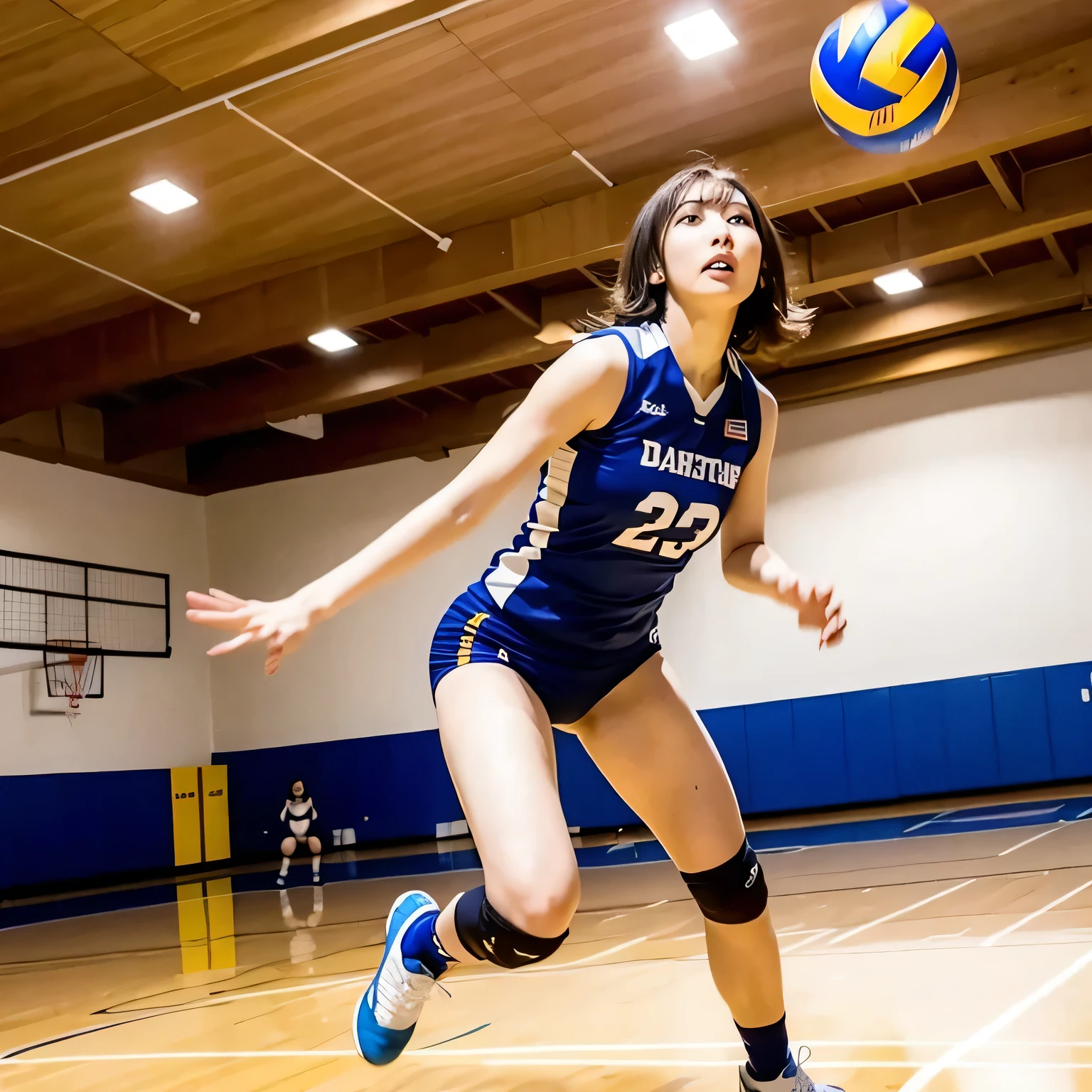 A breathtakingly beautiful 20-year-old woman soars into the air on a volleyball court inside a brightly lit gymnasium, preparing to spike the ball with precision and power. Her athletic form is accentuated by a sleek, form-fitting uniform, and her intense gaze remains locked onto the target. The polished wooden floor reflects the motion, enhancing the dynamic energy of the moment as she displays her skill and determination. Dark hair, bob haircut, dark eyes.