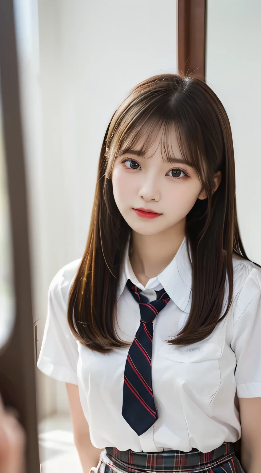 (beautiful girl、cute face、Staring at Viewers:1.3)、top quality,8K image、 perfect double eyelids、happy、natural color makeup、Moist lips、white skin、(straight hair、medium hair、straight hair, Strongly Blurred White Background 、high school uniform、Midi Skirts、 in the mirror:1.3),