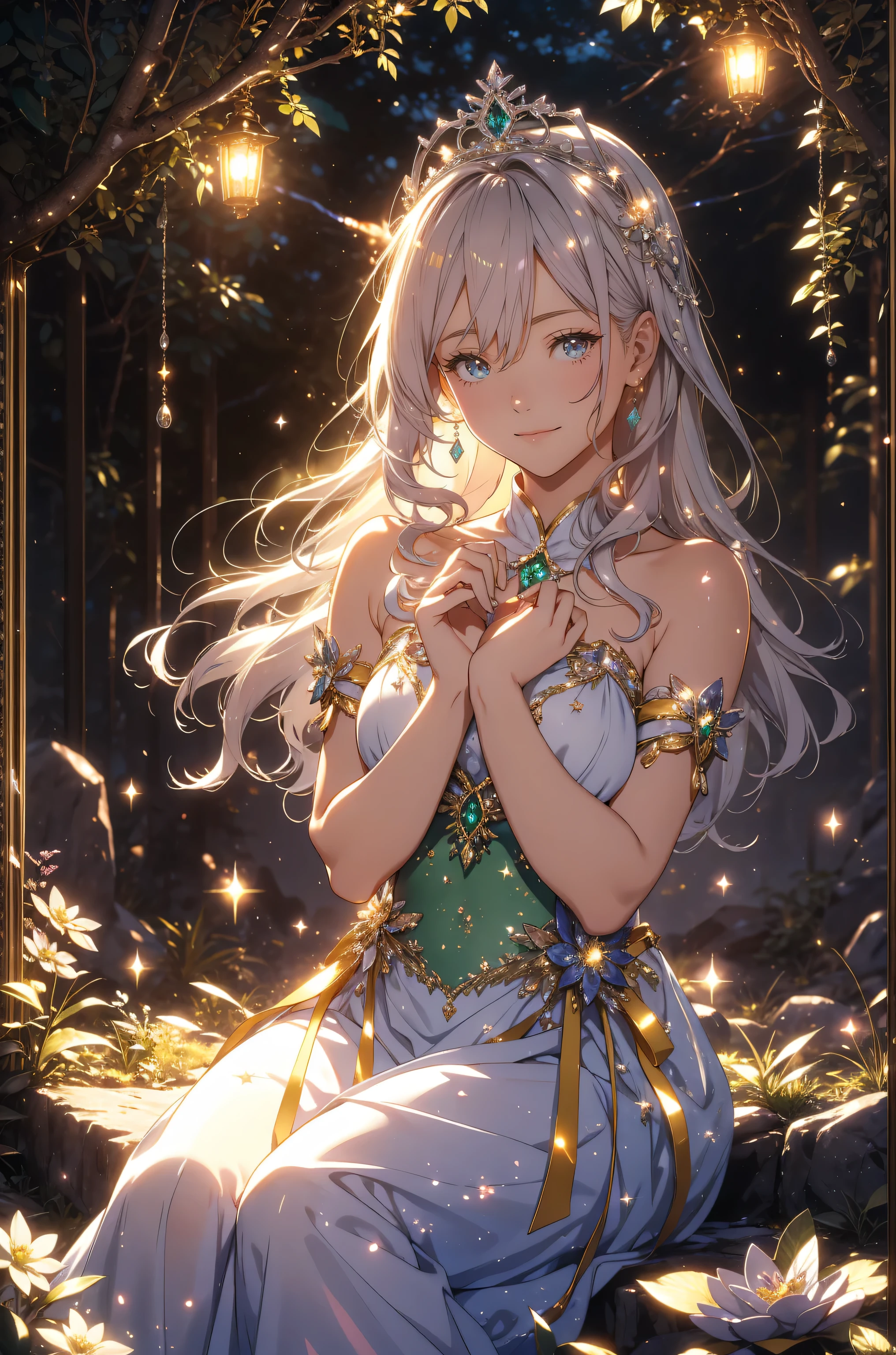 top quality mystical 、look at me) 1 female Beautiful Smile ! gentle gaze , beautiful eyes 、、 beautiful constriction、 beautiful brown skin that accentuates the bust 、、 music healing simple composition beautiful tiara flower、 BEAUTIFUL BEAUTIFUL NATURE 、Green Grass springtime
Night stars
Keep it simple Beautiful sparkle 、long silver hair、、 beautiful shrine garden 、 Relaxed Atmosphere 、 petals、 Beautiful young 、 sparkle, high definition depiction , realistic fantasy illuminated by beautiful light、romanticism,,