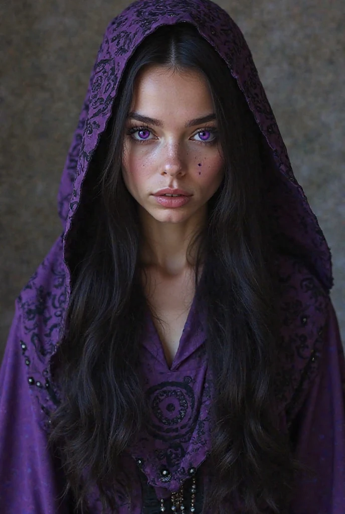 Haelia de longs cheveux noirs. Ses yeux sont d'un violet profond, ce qui lui donne un aspect surnaturel. court. Elle s'habille de tuniques fluides de violet foncé et de noir, souvent ornées de symboles occultes.