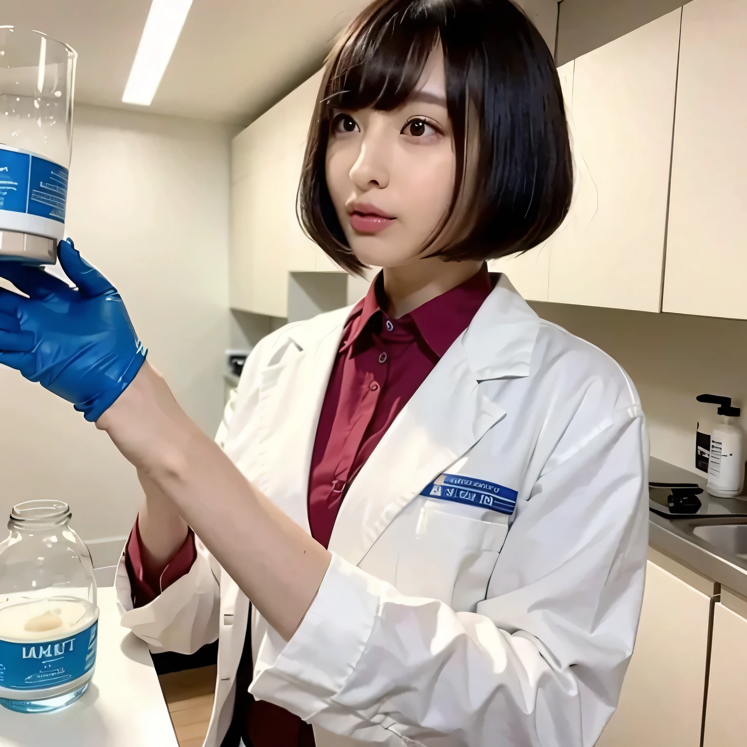 Depict a 20-year-old, stunningly beautiful woman conducting an experiment in a well-equipped science lab. She wears a pristine white lab coat over professional attire, her expression focused as she carefully handles scientific instruments. Whether her hair is long and neatly tied back or short and styled, she maintains a meticulous appearance suited for the lab environment. The background features shelves filled with scientific equipment, adding to the immersive atmosphere of the setting. Dark hair, bob haircut, dark eyes.