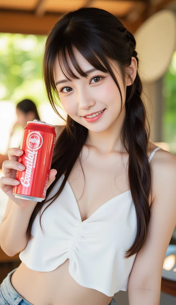 nsfw, 1girl, (solo:1.5),masterpiece, best quality, 8K, high res, highly detailed girl, highly detailed beautiful face, beautiful skin, photorealistic, front view, (face focus), upper body, standing, ideal ratio body proportions, shiny skin, smile, shiny red micro bikini, black hairl, long hair, outdoor, depth of field, refreshing, (red paper cup:1.2), juice, (drinking from a paper cup1.2),