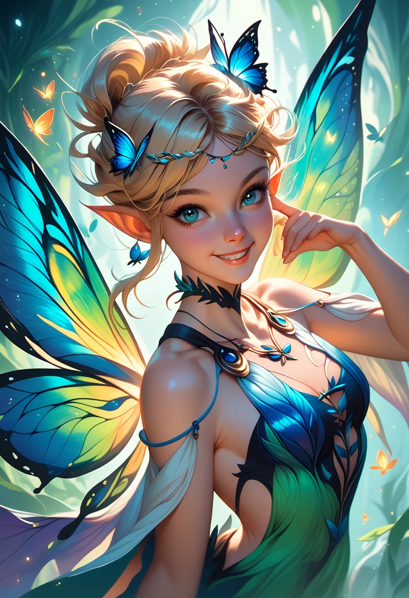 magical, 1girl, woman, muted beige skin, f/1.4 lens, bokeh, tiny green Knock Out Rose fairy empress,insect wings see-through gossamer, clenched teeth, bombshell hair, glowing slate blue hair with goldenrod highlights, low-braided long hair,Topsy Tail Ponytail, slim, atheletic figure, narrow waist, medium breasts, caucasian, (morning, architecture, "at the final Neutron star":1), <lora:EnvyMagicalXL01:1>
