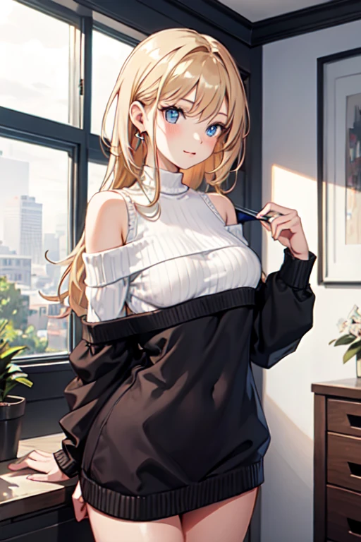 Best quality , masterpiece, Portrait、、Bright expression、ponytail、Young, shiny, white, glossy skin、Gloss Face、Shining Cheek Gloss、Small Face Beauty、The best beauty、The dazzling light of blonde hair、Bright blonde hair with dazzling highlights、Very beautiful shiny light blonde hair、super long silky straight hair、Her shiny, beautiful bangs are covering her eyes.、Sparkling, clear, attractive, bright, large, pale blue eyes、Very big eyes、eyeliner、very beautiful lovely cute 16 year old girl、Ample Bust, full body , smile , (((skinny pants, sweater ))) , 