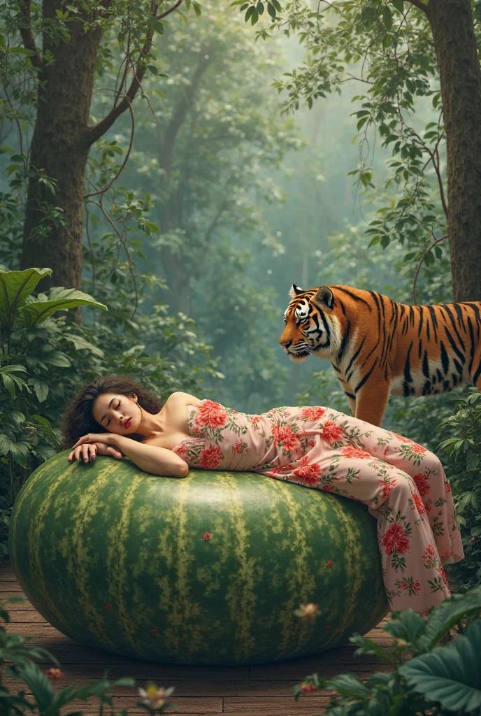 photorealism:1.2) table full of fruits, Naked woman lying on the table and a tiger tastes her