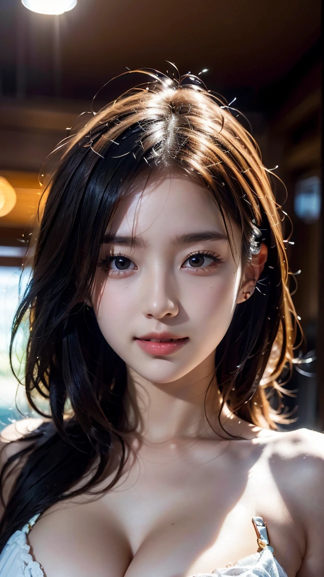 Highest Quality, Highest image quality, RAW Photos, Realistic, Photorealsitic, ultra detailed and beautiful, highest details, 1young girls, good-looking, Beautiful fair skin and luster, Beautiful eyes are big and bright, Small mouth and thin lips, Long black hair blown in the wind, Good style and slenderness, (Beautiful big breasts:1.3), She has a cheerful personality and a cute smile., Natural makeup, Pearl Pin Crips, (Fantasy costume with cute details:1.3), portrait of cute girl, Beautiful girl illuminated by seven colors of light, Irridescent color,