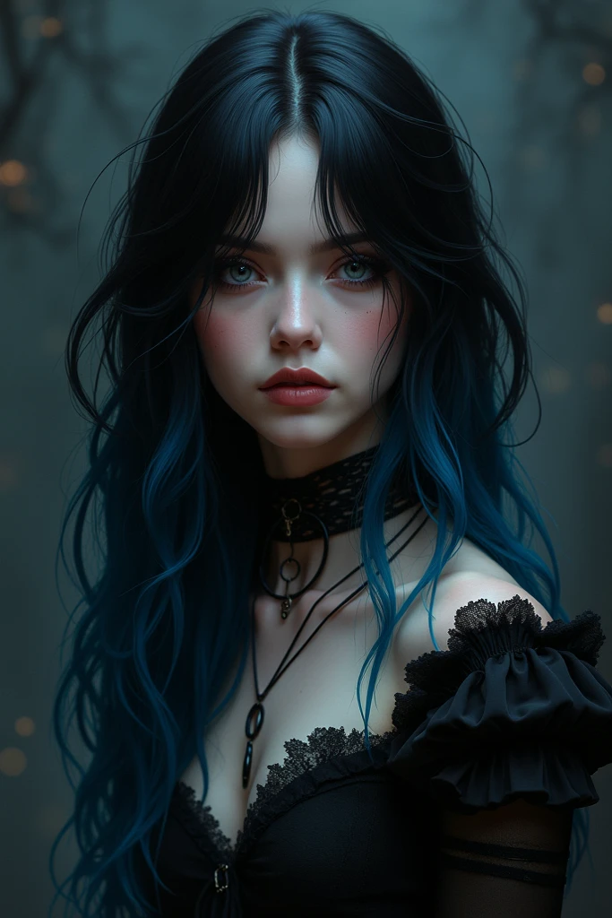a gothic girl with long blue hair, detailed face, large breasts, beautiful blue eyes, delicate facial features, intricate makeup, choker necklace, corset top, detailed clothing, dramatic lighting, cinematic composition, dark moody atmosphere, muted color palette, dramatic shadows, digital art, 8k, best quality, highly detailed, photorealistic