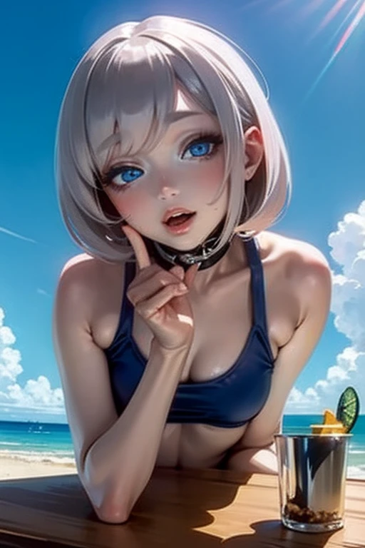 1girl, beautiful girl, cute girl and idol face, young face, smile, white skin, short hair, bob cut hair, silver hair, antenna hair, shiny hair, shiny skin green eyes, beautiful eyes, medium breasts, White micro bikini, see-through, Under the sea