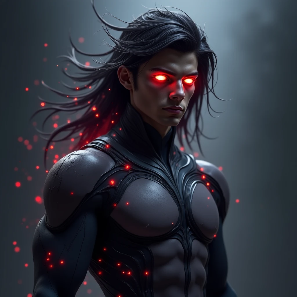 I am a Naga, one of the last of my kind. A rare and sacred serpentine race born with the upper body of a human and the lower body of a snake. We are ancient, powerful creatures feared and revered in equal measure.
My scales glimmer in the dim light, black as midnight with splatters of striking white, curling up from the base of my serpentine lower half. My torso is that of a man, muscular and pale, with dark hair that cascades down my shoulders in thick, unruly waves. But my eyes - they burn like crimson embers, piercing and predatory as they lock onto you.