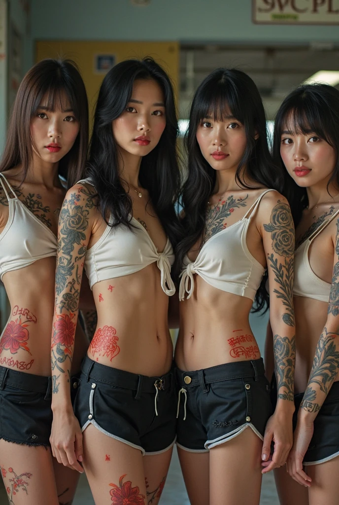there are five men with tattoos on their arms and chest, with tattoos, of taiwanese girl with tattoos, south korean male, asian features, six packs, on beach, of a shirtless, tattoo, slide show, cute boys, inspired by Gang Se-hwang, six pack, inked, asian male, six-pack, portrait shot, arms covered in gang tattoo, shirtless