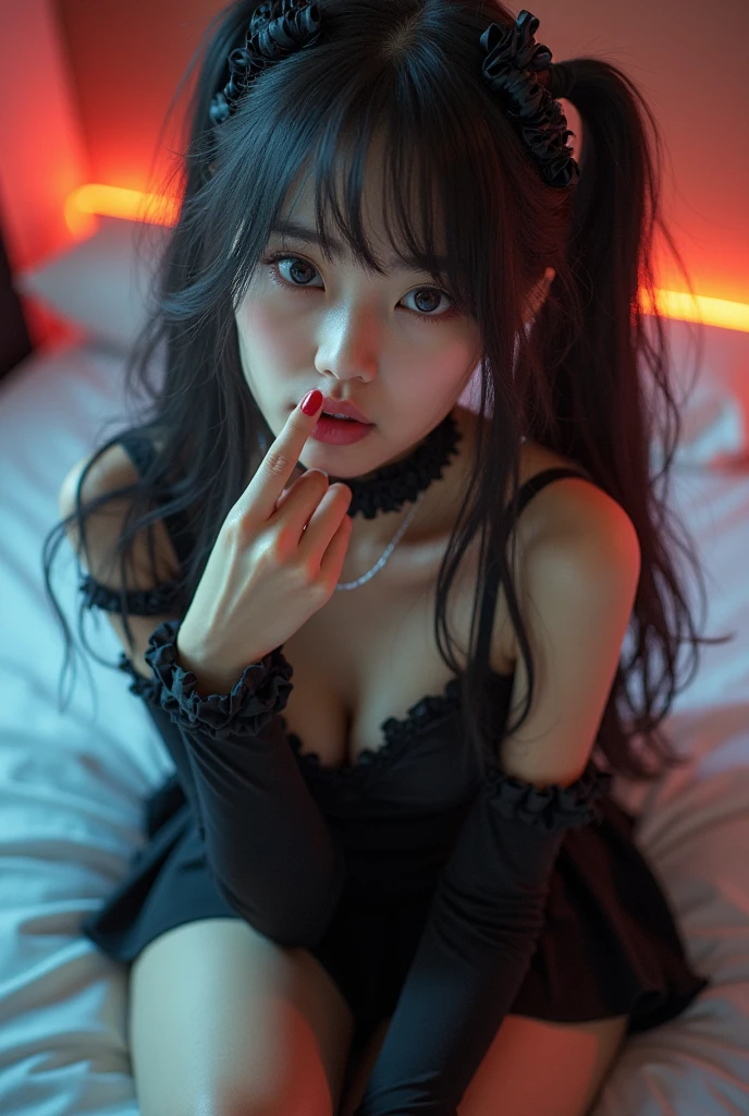 core_9, score_8_up, score_7_up, (masterpiece, intricate:1.3), (best quality, high detail:1.2), (4k),(incredibly detailed:1.4), very detailed background, cinematic lighting, volumetric lighting,, Adult Girl, maid outfit, Bblack hair,long hair,black bangs, perfect hands, malicious expression, perfect toes, heart pupils, ((1 girl, solo)),perfect body, perfect eyes, extremely detailed eyes and face, emo subculture , ((black hair with metallic blonde highlights)), ((emo hairstyle:1.4)), (ponytails:1.2), choker, cute face, blush, Slim figure, narrow waist, wide hips, (high breasts), (huge breasts: 1.2), perfectly round breasts, perfect round butt, wide hips, toned figure, ((( messy bedroom decorated in goth style ))), (pentagrams drawn on the wall with Sharpie markers), posing,(( boob focus,)) bend forward, cleavage, sitting in bed, (Hello Kitty plush dolls in bed,:1.2), ((bitten lower lip.)),(((excited look) )), photograph taken in 1993, amateur photograph from 1993, candid photography, retrobigguns.