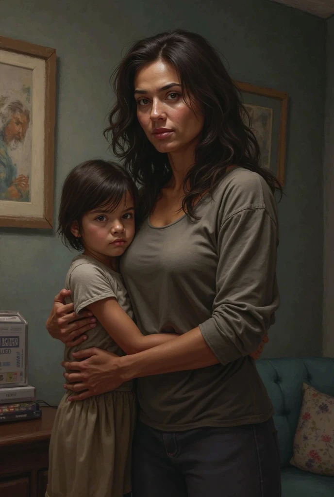 An image where a girl is standing in front of a mirror. In the reflection, the girl shows signs of physical abuse. The girl standing in front of the mirror is a mother with one toddler girl and one baby boy.