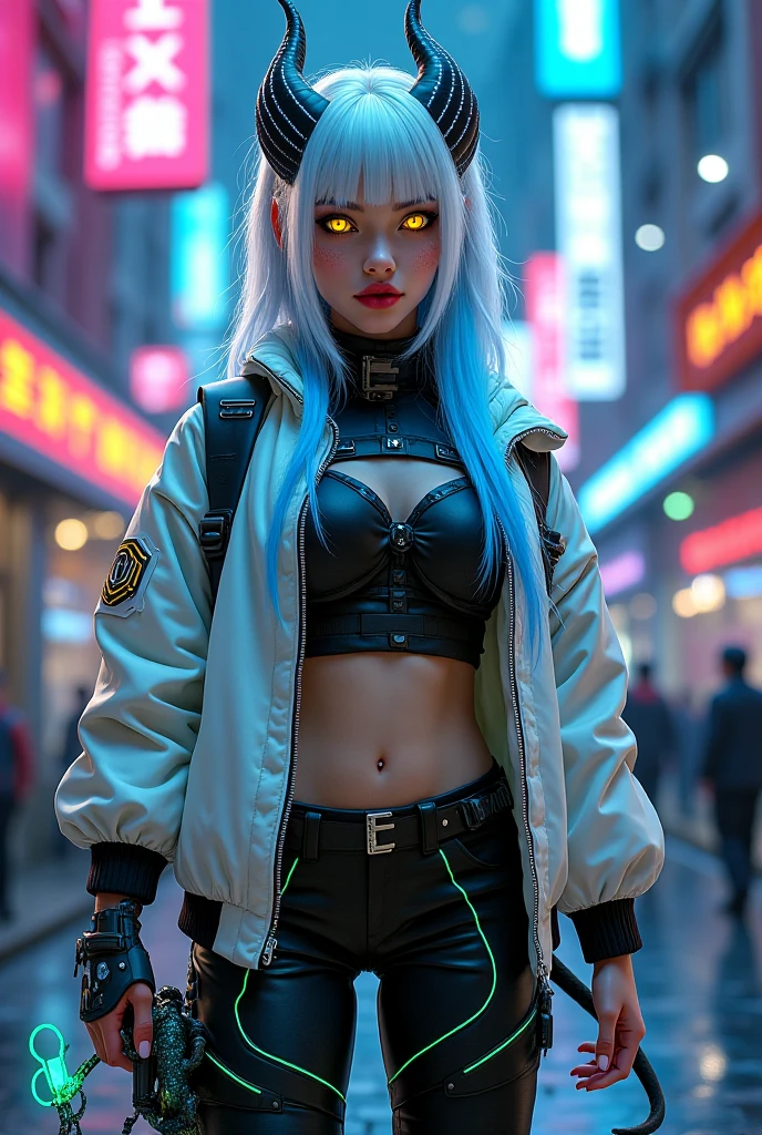 "dark theme :: closeup face focus, ultra realistic futuristic cyberpunk muscular Female white hair sitting  :: cool cybernetic punk jacket :: shirtless:: intricate mask :: natural lighting :: bokeh :: 8k :: best quality :: masterpiece :: futuristic cityscape background"