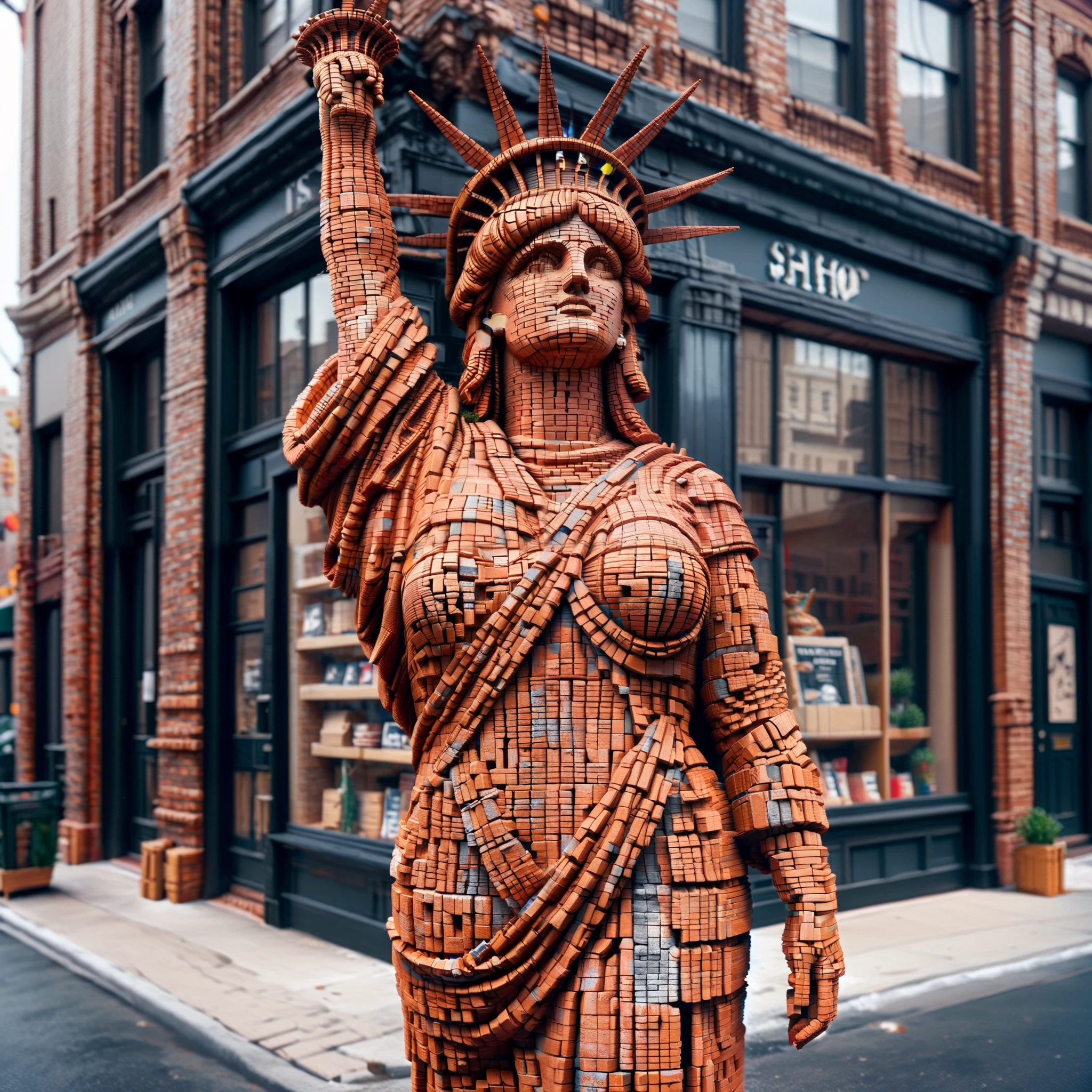 The Statue of Liberty wearing an ais-brickz suit, outside of a shop in a street of New York