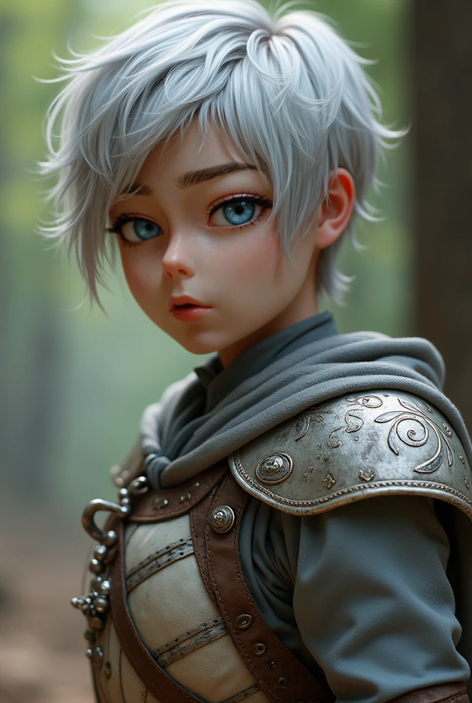 Silver-eyed boy with white hair wearing medieval armor inspired by a lunar eclipse , realistic short hair white skin that shows your full body and is a little attractive



