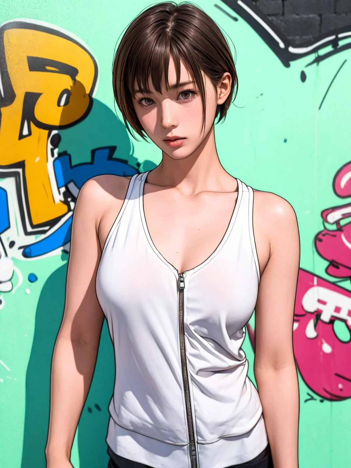 photo of mlp Meowko, RAW, beautiful woman, ((portrait)), ((detailed face:1.2)), ((anime face, anime facial feature, clear skin, glossy anime lips, clear skin), (short messy lesbian haircut, brunette: 1.55), (perfect proportioned body, Strong, muscular, narrow waist, narrow hips, skinny, large breasts, cleavage), arched back, (revealing clothes, wearing wearing pink corset, pink skirt, tiara), (city balcony, midnight city, stary sky), (realistic photo, best quality, detailed), (8k wallpaper), (cinematic lighting, beautiful light, (night:1.3)) (sharp focus, intricate)