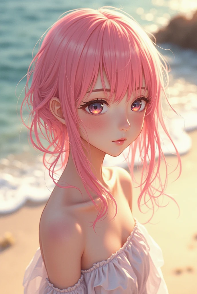 ((Highest quality, 8k, masterpiece :1.3)), (Sharp focus :1.2, Beautiful woman with perfect figure :1.4, Slim Abs), ((Big Breasts, Emphasize cleavage:1.2)), (Photorealistic:1.4), (realistic:1.4), (Pink Hair:1.5), Highly detailed face and skin texture, Fine grain, double eyelid. Makeup face, A little bit of lipstick, sex appeal, Sexy gravure pose, ((Sexy girly beauty wearing a white lace mini dress。On the beach with the sunset in the background、微笑みながらカメラに向かってSexy gravure poseを取っています。Accessory: small heart-shaped necklace。:1.3)