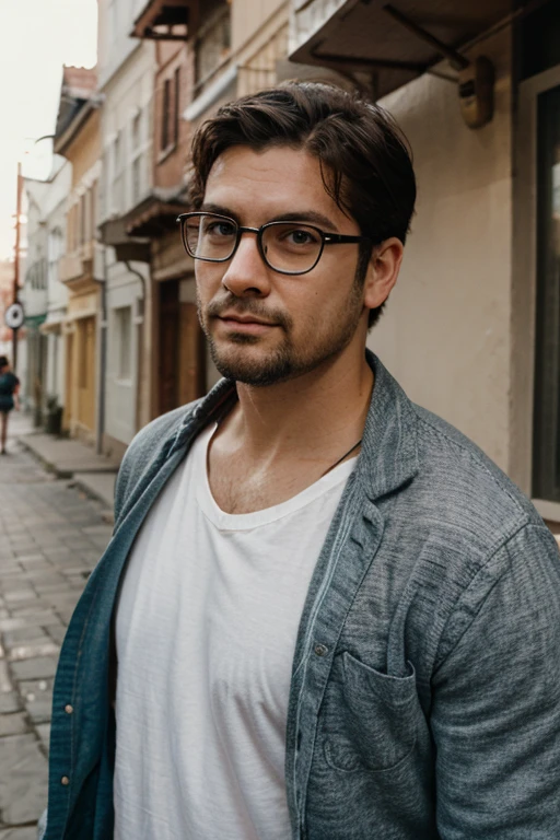 Hombre, con  barba de candado,  pelo risado,  lentes de sol color rosados.